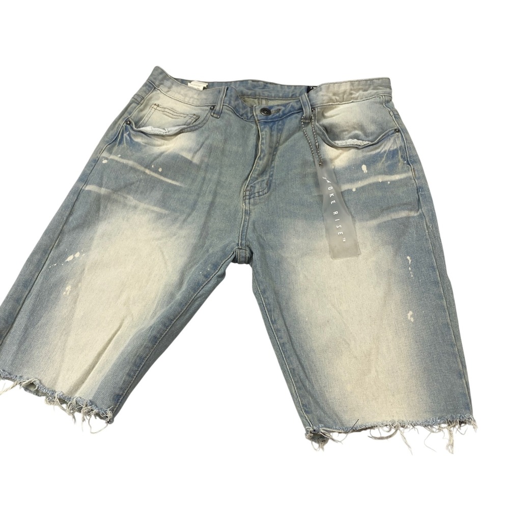 Smoke Rise Mens Distressed Denim Shorts Light Wash Paint Splatter Size 34‎ NEW